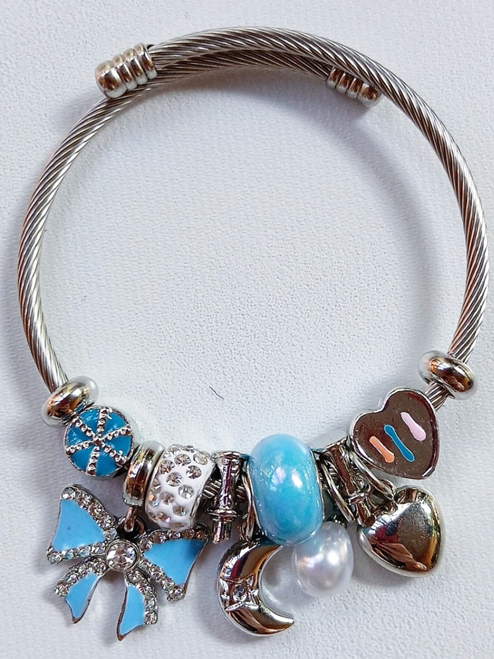 Blue Charm Cable Bangle Bracelet with Heart, Moon and Bow Charms
